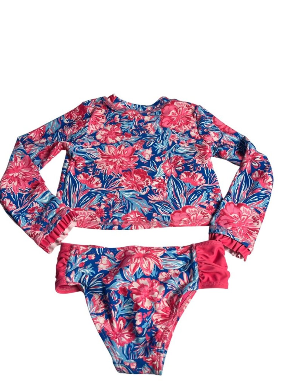 Tommy Bahama 2 Pc  Swimsuit 5T Pink Floral L/S  Rash Guard & Ruffle Bikini set